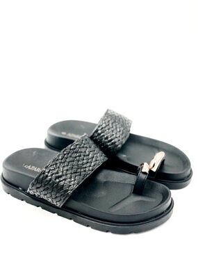 Black Woven Faux Leather Slide Sandals with Toe Ring